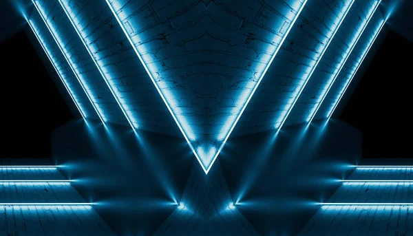 Streszczenie ciemne tło z cegły i światła neonowe. Neon niebieskie promienie — Zdjęcie stockowe
