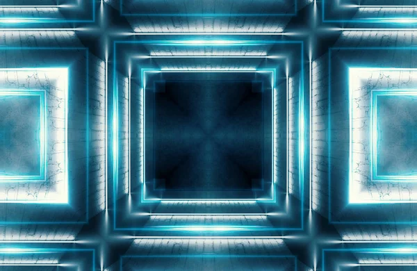 Abstracte donkere achtergrond met bakstenen muur en neon licht. Neon blauwe stralen — Stockfoto