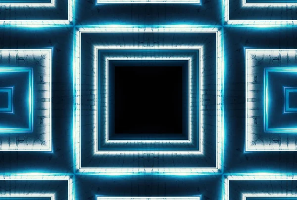Fundo escuro abstrato com parede de tijolo e luz de néon. Raios azuis de néon — Fotografia de Stock