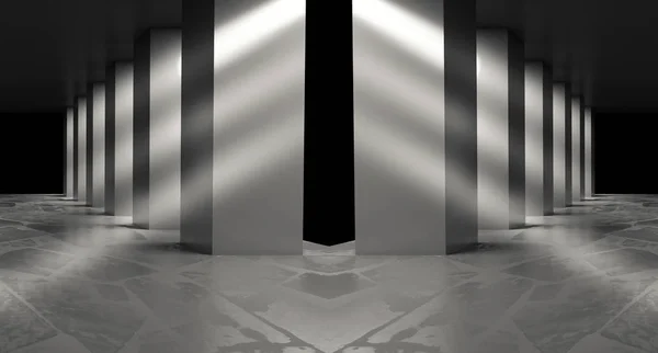 Fundo de uma sala escura vazia, um corredor com colunas, holofotes. Piso de betão. Fumaça de luz de néon — Fotografia de Stock