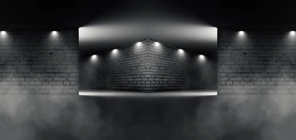 Achtergrond van een lege ruimte met bakstenen muren en een betonnen vloer. Spotlight, mist, rook. — Stockfoto