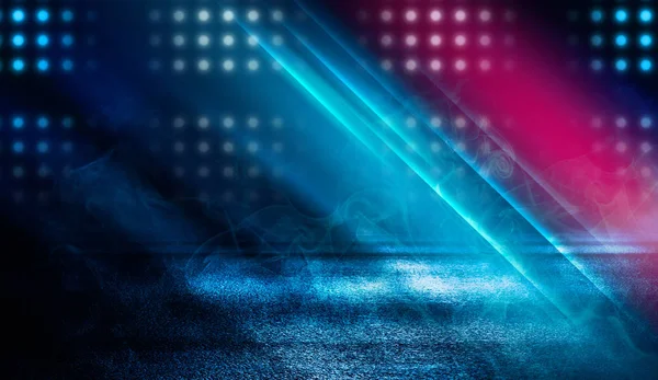 Dark empty stage, multicolored rays of neon searchlight, wet asphalt, smoke, night shooting, bokeh color.