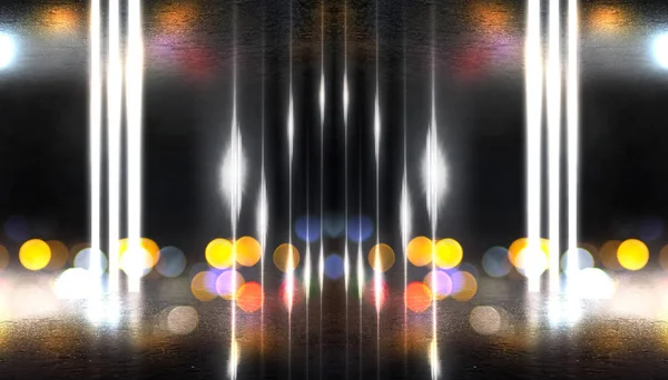 Background empty scene, room. Reflection on wet asphalt, concrete. Neon blurry lights. Neon figure in the center, smoke — Stock Photo, Image