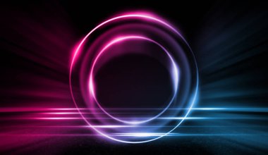 Boş arka plan sahnesi. Koyu sokak, ıslak kaldırımüzerinde mavi ve pembe neon ışık bir yansıması. Karanlıkta ışık ışınları, duman. Caddenin, şehrin gece manzarası. Soyut koyu arka plan.