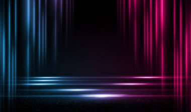 Boş arka plan sahnesi. Koyu sokak, ıslak kaldırımüzerinde mavi ve pembe neon ışık bir yansıması. Karanlıkta ışık ışınları, duman. Caddenin, şehrin gece manzarası. Soyut koyu arka plan.