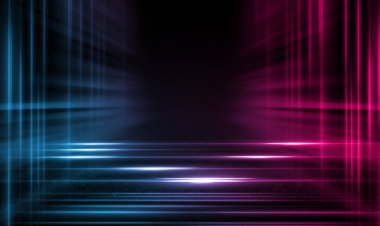 Boş arka plan sahnesi. Koyu sokak, ıslak kaldırımüzerinde mavi ve pembe neon ışık bir yansıması. Karanlıkta ışık ışınları, duman. Caddenin, şehrin gece manzarası. Soyut koyu arka plan.