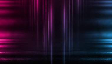 Boş arka plan sahnesi. Koyu sokak, ıslak kaldırımüzerinde mavi ve pembe neon ışık bir yansıması. Karanlıkta ışık ışınları, duman. Caddenin, şehrin gece manzarası. Soyut koyu arka plan.