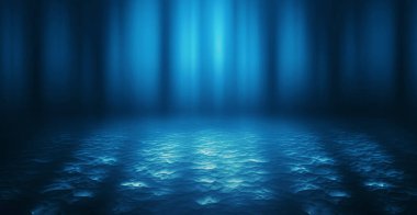 Boş sokağın arka planı, oda. Gece boş sahnenin arka planı. Beton kaplama. Neon ışıkların ıslak kaldırım yansıması. Neon mavi çizgileri. Koyu soyut arka plan.