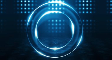 Boş sokağın arka planı, oda. Gece boş sahnenin arka planı. Beton kaplama. Neon ışıkların ıslak kaldırım yansıması. Neon mavi çizgileri. Koyu soyut arka plan.