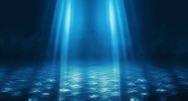 Boş sokağın arka planı, oda. Gece boş sahnenin arka planı. Beton kaplama. Neon ışıkların ıslak kaldırım yansıması. Neon mavi çizgileri. Koyu soyut arka plan.