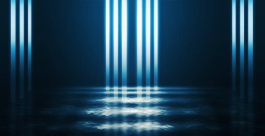 Boş sokağın arka planı, oda. Gece boş sahnenin arka planı. Beton kaplama. Neon ışıkların ıslak kaldırım yansıması. Neon mavi çizgileri. Koyu soyut arka plan.