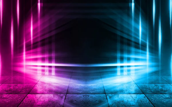 Empty background scene. Dark street, a reflection of blue and pink neon light on wet pavement. Rays of light in the dark, smoke. Night view of the street, the city. Abstract dark background.