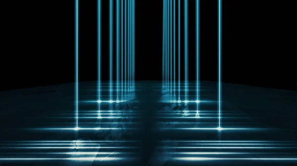 Background of empty street, room. Background of empty scene at night. Concrete coating. Reflection on wet pavement of neon lights. Neon blue lines. Dark abstract background.