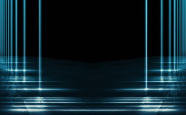Boş sokağın arka planı, oda. Gece boş sahnenin arka planı. Beton kaplama. Neon ışıkların ıslak kaldırım yansıması. Neon mavi çizgileri. Koyu soyut arka plan.
