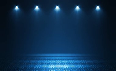 Boş arka plan sahnesi. Islä±k asfaltta koyu sokak yanrÄ±sÄ±. Karanlıkta mavi neon ışık ışınları, neon figürler, duman. Caddenin, şehrin gece manzarası. Soyut koyu arka plan.