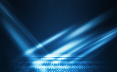 Boş arka plan sahnesi. Islä±k asfaltta koyu sokak yanrÄ±sÄ±. Karanlıkta mavi neon ışık ışınları, neon figürler, duman. Caddenin, şehrin gece manzarası. Soyut koyu arka plan.