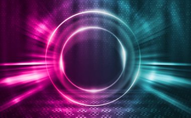 Boş arka plan sahnesi. Islı asfalt üzerinde caddenin karanlık yansıması. Karanlıkta neon ışık ışınları, neon figürler, duman. Caddenin, şehrin gece manzarası. Soyut koyu arka plan.