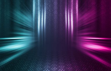 Boş arka plan sahnesi. Islı asfalt üzerinde caddenin karanlık yansıması. Karanlıkta neon ışık ışınları, neon figürler, duman. Caddenin, şehrin gece manzarası. Soyut koyu arka plan.