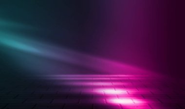 Boş arka plan sahnesi. Islı asfalt üzerinde caddenin karanlık yansıması. Karanlıkta neon ışık ışınları, neon figürler, duman. Caddenin, şehrin gece manzarası. Soyut koyu arka plan.