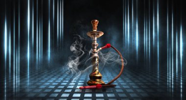 Nargile, karanlık soyut bir arka planda duman. Neon ışıkları ile boş sahnelerin arka plan, ıslak kaldırım üzerinde gece ışıkları yansıması