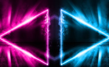 Boş arka plan sahnesi. Islı asfalt üzerinde caddenin karanlık yansıması. Karanlıkta neon ışık ışınları, neon figürler, duman. Caddenin, şehrin gece manzarası. Soyut koyu arka plan.