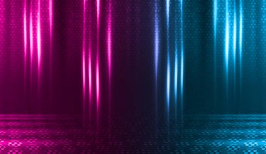 Boş arka plan sahnesi. Islı asfalt üzerinde caddenin karanlık yansıması. Karanlıkta neon ışık ışınları, neon figürler, duman. Caddenin, şehrin gece manzarası. Soyut koyu arka plan.