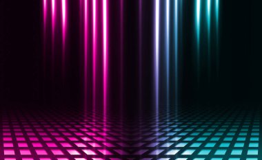 Boş arka plan sahnesi. Islı asfalt üzerinde caddenin karanlık yansıması. Karanlıkta neon ışık ışınları, neon figürler, duman. Caddenin, şehrin gece manzarası. Soyut koyu arka plan.