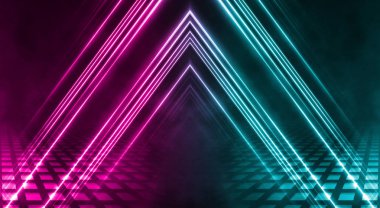 Boş arka plan sahnesi. Islı asfalt üzerinde caddenin karanlık yansıması. Karanlıkta neon ışık ışınları, neon figürler, duman. Caddenin, şehrin gece manzarası. Soyut koyu arka plan.