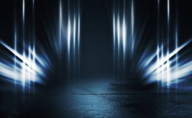 Boş arka plan sahnesi. Islä±k asfaltta koyu sokak yanrÄ±sÄ±. Karanlıkta mavi neon ışık ışınları, neon figürler, duman. Caddenin, şehrin gece manzarası. Soyut koyu arka plan.