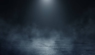Boş arka plan sahnesi. Islä±k asfaltta koyu sokak yanrÄ±sÄ±. Karanlıkta mavi neon ışık ışınları, neon figürler, duman. Caddenin, şehrin gece manzarası. Soyut koyu arka plan.
