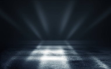 Boş arka plan sahnesi. Islä±k asfaltta koyu sokak yanrÄ±sÄ±. Karanlıkta mavi neon ışık ışınları, neon figürler, duman. Caddenin, şehrin gece manzarası. Soyut koyu arka plan.