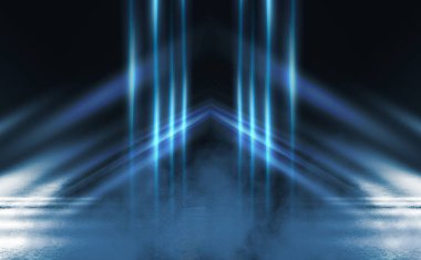 Boş arka plan sahnesi. Islä±k asfaltta koyu sokak yanrÄ±sÄ±. Karanlıkta mavi neon ışık ışınları, neon figürler, duman. Caddenin, şehrin gece manzarası. Soyut koyu arka plan.