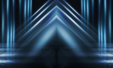 Boş arka plan sahnesi. Islä±k asfaltta koyu sokak yanrÄ±sÄ±. Karanlıkta mavi neon ışık ışınları, neon figürler, duman. Caddenin, şehrin gece manzarası. Soyut koyu arka plan.