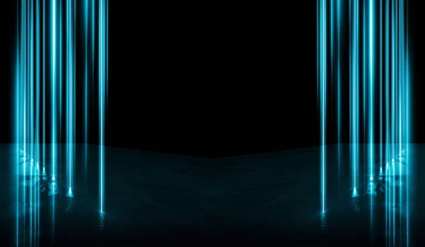 Background of empty street, room. Background of empty scene at night. Concrete coating. Reflection on wet pavement of neon lights. Neon blue lines. Dark abstract background.