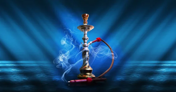 Hookah, smoke on a dark abstract background. Background of empty scenes with neon lights, the reflection of night lights on wet pavement