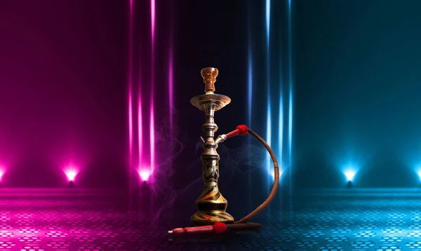 Hookah, smoke on a dark abstract background. Background of empty scenes with multicolored neon lights, reflection of night lights on wet pavement — Stock Photo, Image