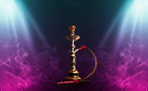 Hookah, smoke on a dark abstract background. Background of empty scenes with multicolored neon lights, reflection of night lights on wet pavement — Stock Photo, Image