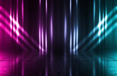 Boş arka plan sahnesi. Islä±k asfaltta koyu sokak yanrÄ±sÄ±. Karanlıkta mavi neon ışık ışınları, neon figürler, duman. Caddenin, şehrin gece manzarası. Soyut koyu arka plan.