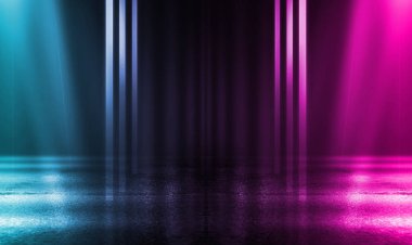 Boş arka plan sahnesi. Islä±k asfaltta koyu sokak yanrÄ±sÄ±. Karanlıkta mavi neon ışık ışınları, neon figürler, duman. Caddenin, şehrin gece manzarası. Soyut koyu arka plan.