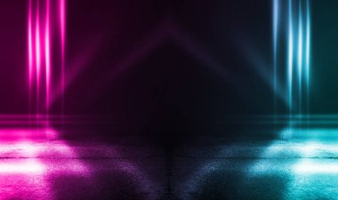 Boş arka plan sahnesi. Islä±k asfaltta koyu sokak yanrÄ±sÄ±. Karanlıkta mavi neon ışık ışınları, neon figürler, duman. Caddenin, şehrin gece manzarası. Soyut koyu arka plan.