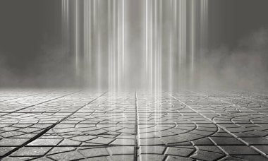 Boş arka plan sahnesi. Beton zemin, neon ışıkları ve duman ile boş sokak arka plan. Gri soyut boş arka plan