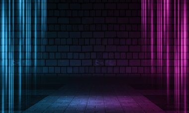 Boş sahne arka planı. Çok renkli neon ışıkları ve duman ile Tuğla duvar. Neon koyu bir arka plan üzerinde şekiller. Koyu soyut arka plan