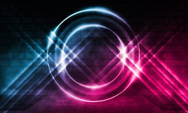 Boş sahne arka planı. Çok renkli neon ışıkları ve duman ile Tuğla duvar. Neon koyu bir arka plan üzerinde şekiller. Koyu soyut arka plan