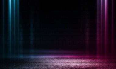 Boş sahne arka planı. Çok renkli neon ışıkları ve duman ile Tuğla duvar. Neon koyu bir arka plan üzerinde şekiller. Koyu soyut arka plan