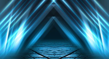 Boş arka plan sahnesi. Islä±k asfaltta koyu sokak yanrÄ±sÄ±. Karanlıkta mavi neon ışık ışınları, neon figürler, duman. Caddenin, şehrin gece manzarası. Soyut koyu arka plan.