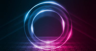 Boş arka plan sahnesi. Islı asfalt üzerinde caddenin karanlık yansıması. Karanlıkta neon ışık ışınları, neon figürler, duman. Caddenin, şehrin gece manzarası. Soyut koyu arka plan.