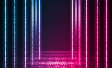 Boş arka plan sahnesi. Islı asfalt üzerinde caddenin karanlık yansıması. Karanlıkta neon ışık ışınları, neon figürler, duman. Caddenin, şehrin gece manzarası. Soyut koyu arka plan.