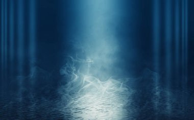 Boş arka plan sahnesi. Islä±k asfaltta koyu sokak yanrÄ±sÄ±. Karanlıkta mavi neon ışık ışınları, neon figürler, duman. Caddenin, şehrin gece manzarası. Soyut koyu arka plan.