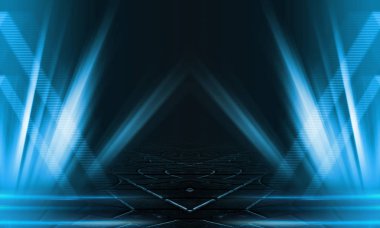 Boş arka plan sahnesi. Islä±k asfaltta koyu sokak yanrÄ±sÄ±. Karanlıkta mavi neon ışık ışınları, neon figürler, duman. Caddenin, şehrin gece manzarası. Soyut koyu arka plan.