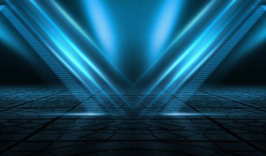 Boş arka plan sahnesi. Islä±k asfaltta koyu sokak yanrÄ±sÄ±. Karanlıkta mavi neon ışık ışınları, neon figürler, duman. Caddenin, şehrin gece manzarası. Soyut koyu arka plan.